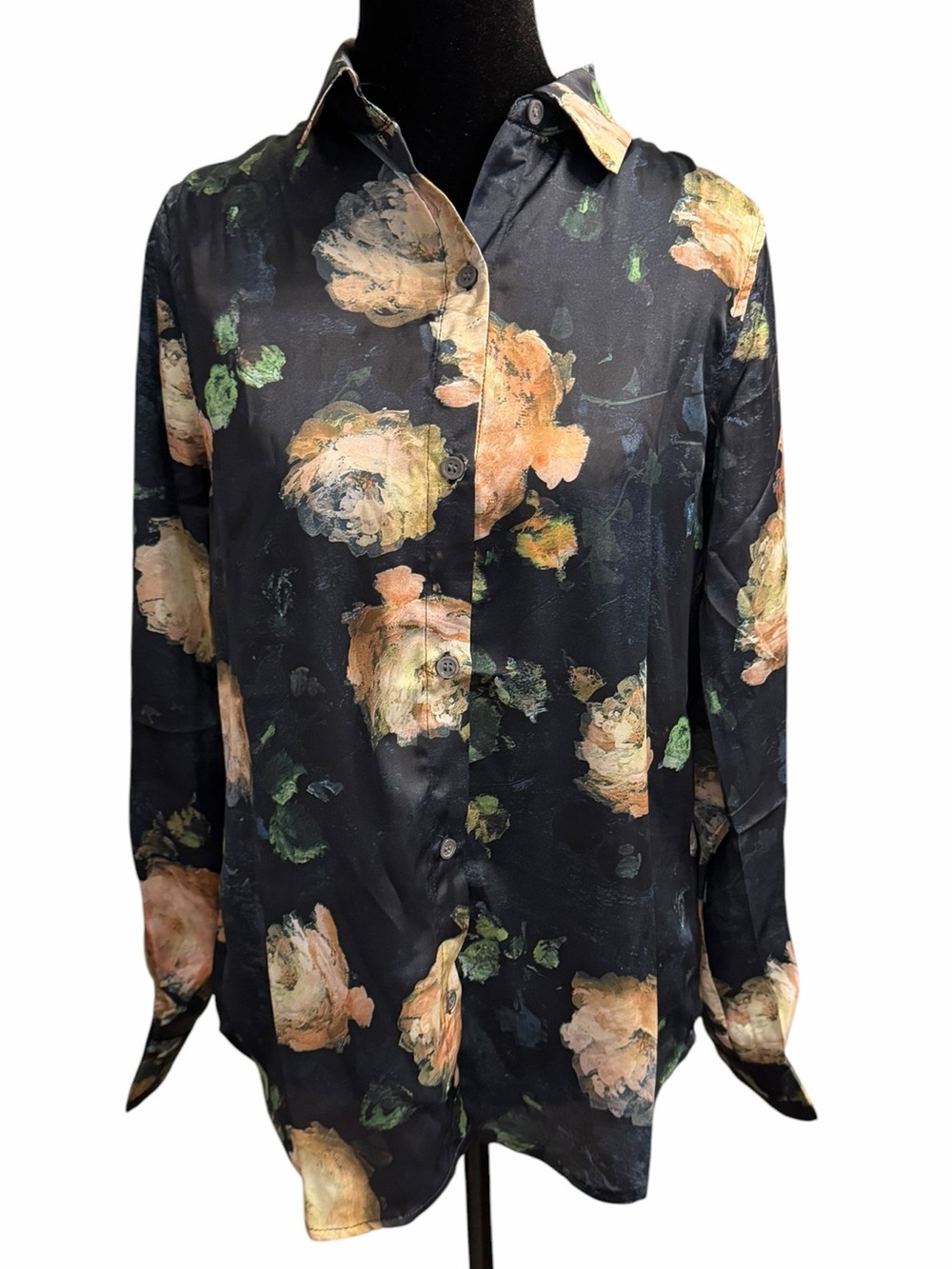 Elie Tahari Black Peach Floral Button Down Shirt NWT XS
